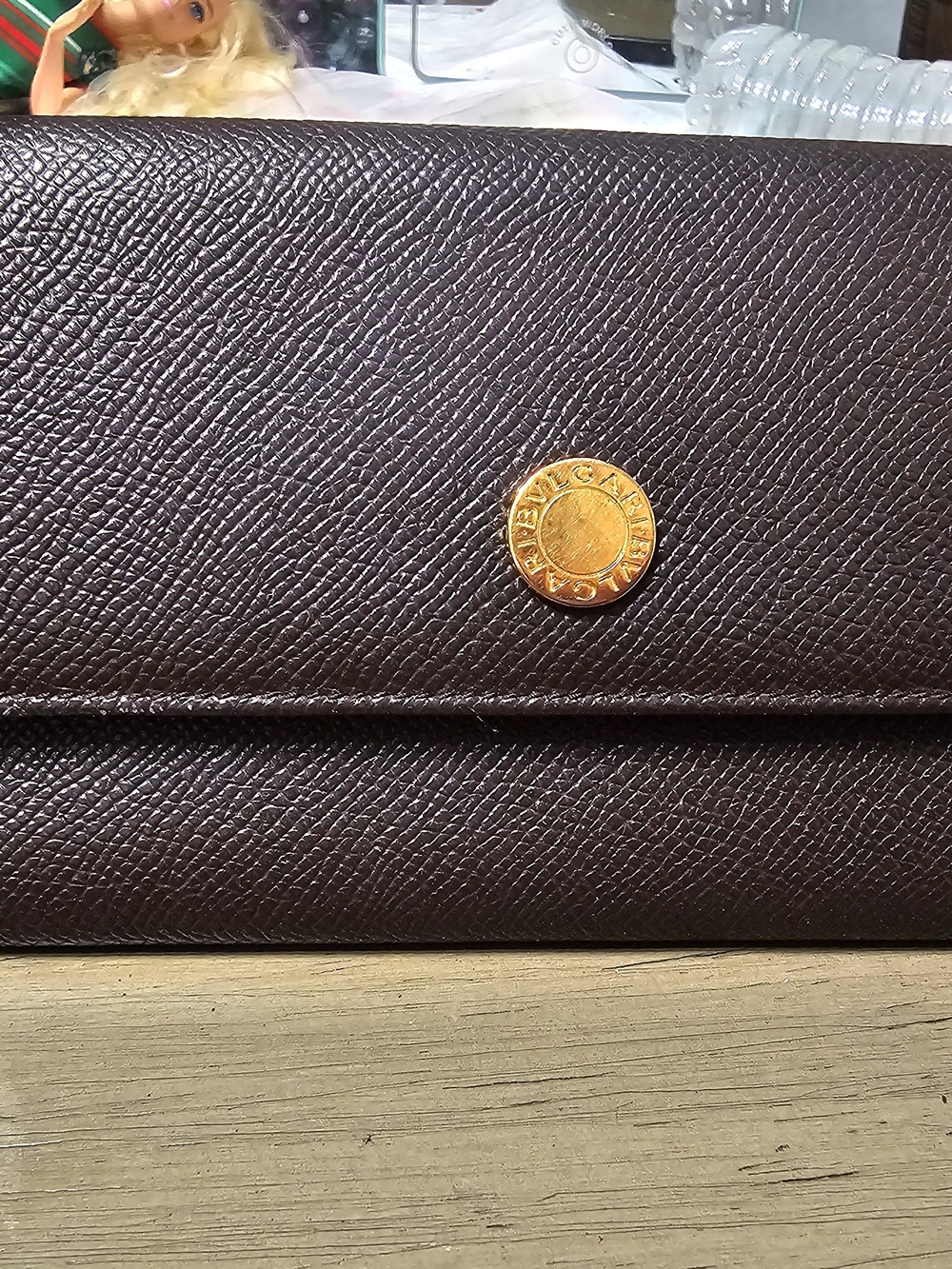Bulgari Dark Brown Textured Leather Fold-Over Wallet with Gold Button